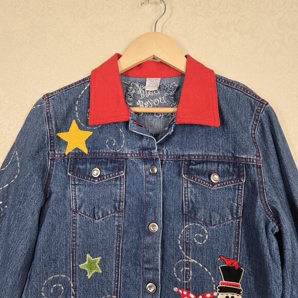 VTG Bleu Bayou Blue Denim Jacket sz M Snowman Winter Holiday Christmas Cotton - Picture 2 of 16